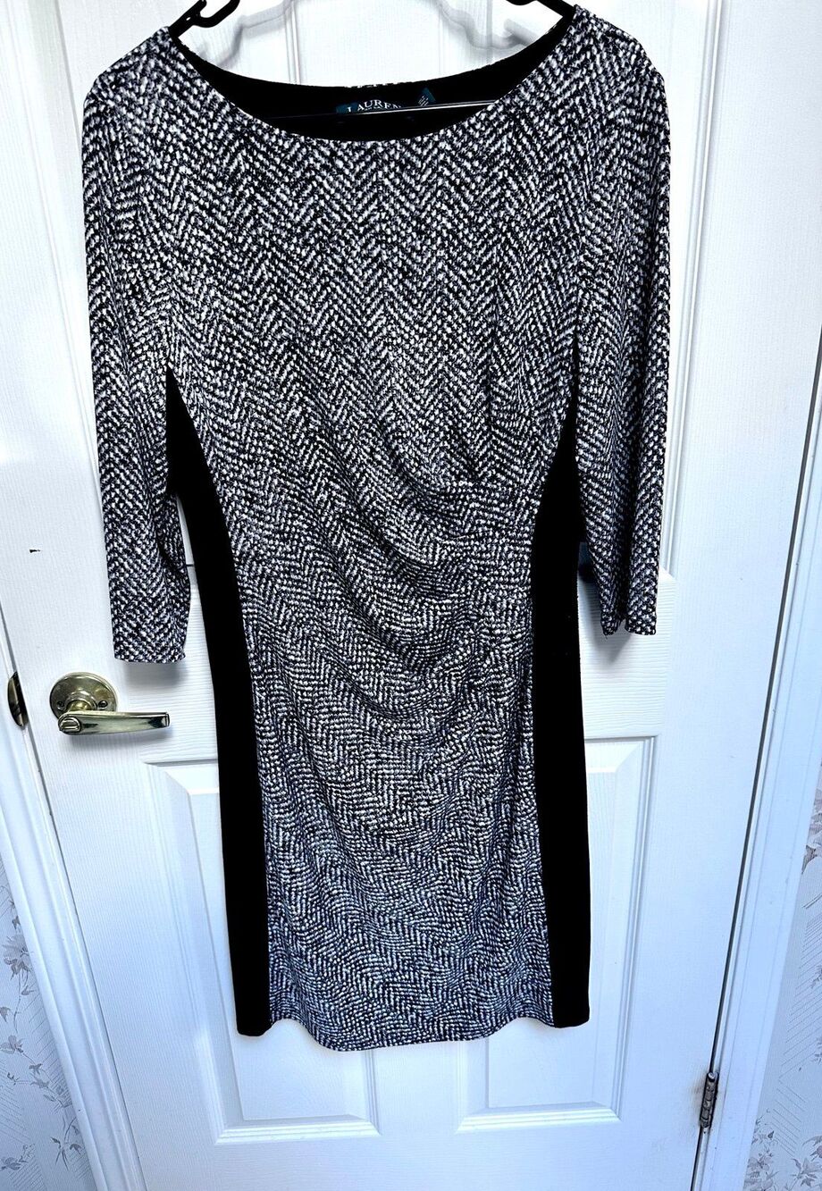 Lauren Ralph Lauren Black White Herringbone Ruched Midi Dress